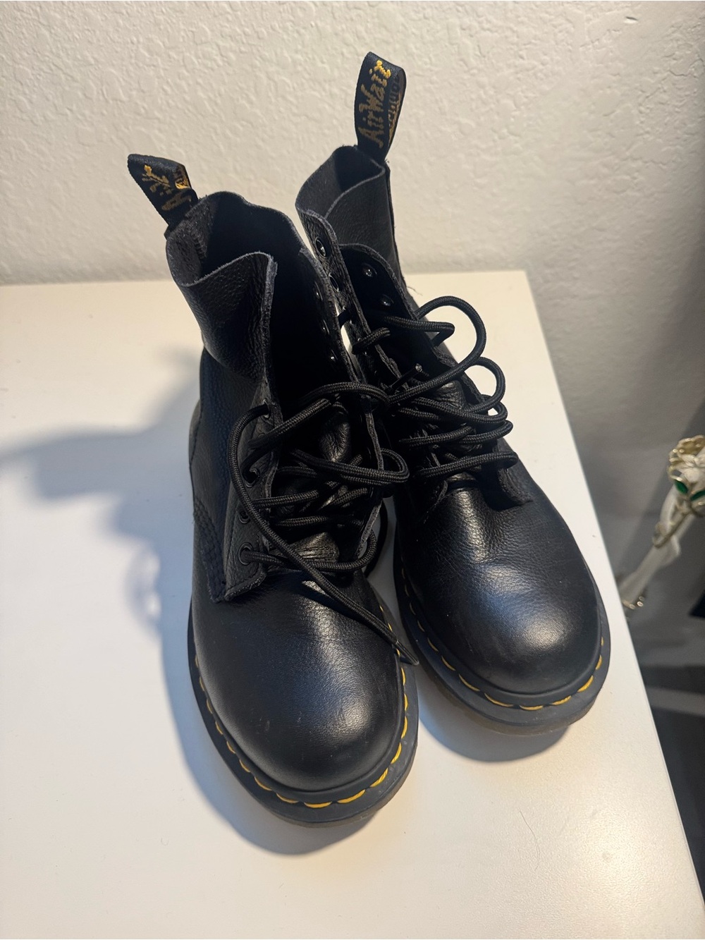 Dr. Martens Black Leather Lace-Up Boots with Yellow Stitching